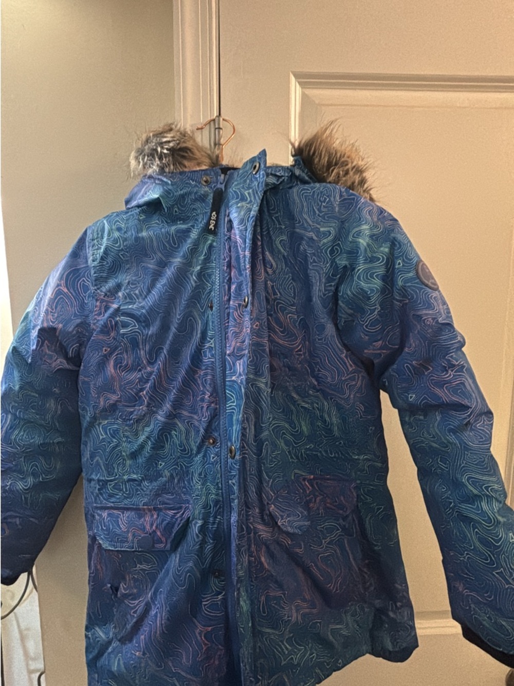 Kids Blue Printed Winter Parka with Faux-Fur Hood
